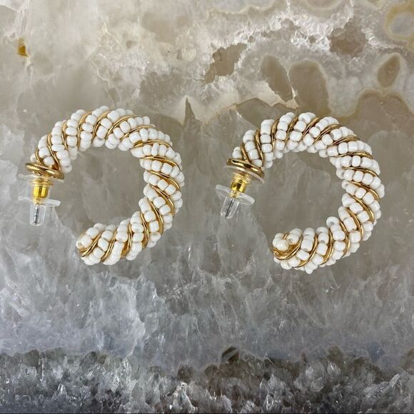 NWT Beaded White and Gold Hoops - Picture 3 of 8